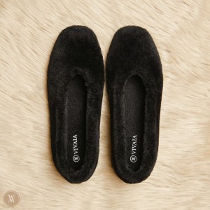 VIVAIA Margot Square-Toe Recycled Mink Faux Fur Flache Schuhe Damen Schwarz Deutschland | QJF-4264